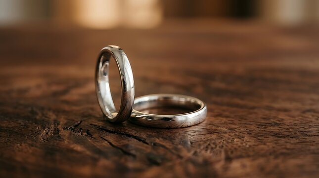 Two silver wedding rings on wood.