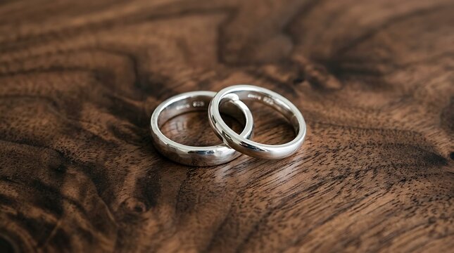 Two silver wedding rings on wood.