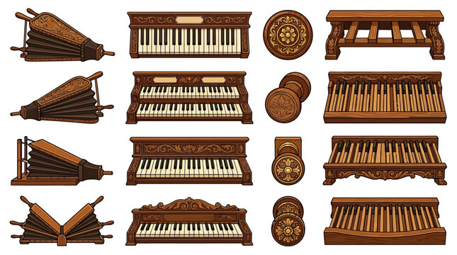 Collection of old wooden keyboards.