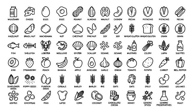 Food allergen and ingredient line icons set for product packaging labeling restaurant menus dietary sensitivity and nutrition symbols