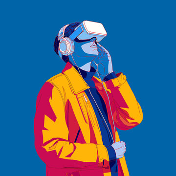 Person wearing virtual reality headset experiences an immersive digital environment with colorful stylized lighting.