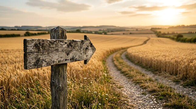old wooden signpost in field.