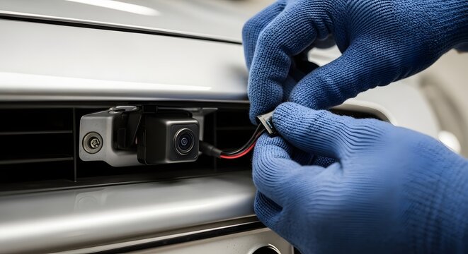 Mechanic installing a new car camera for enhanced safety and modern vehicle technology.