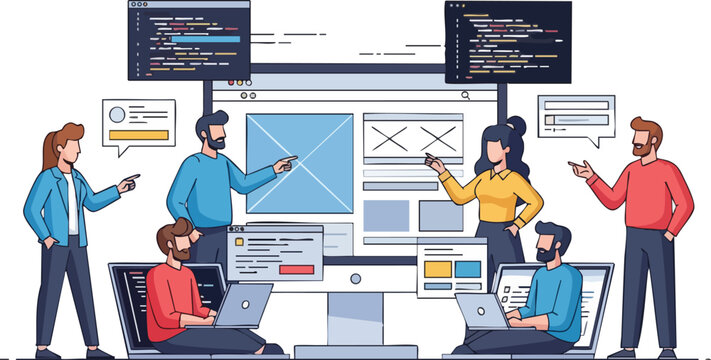 Software Development Team Collaborating on Website Project With User Interface Components and Code Snippets on Laptop Screen