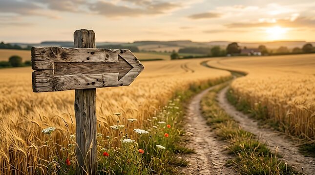 Rustic wooden signpost in wheat field.