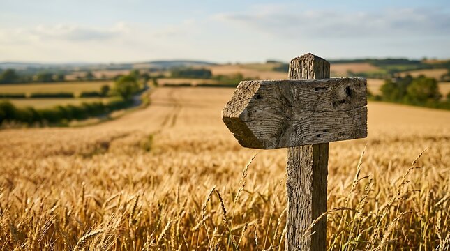 Directional sign in wheat field landscape.