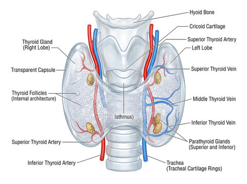 Anatomy and structure of human thyroid gland with blood vessels and parathyroid glands