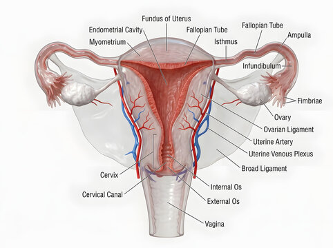 Female reproductive system anatomy with labeled uterus ovaries and fallopian tubes