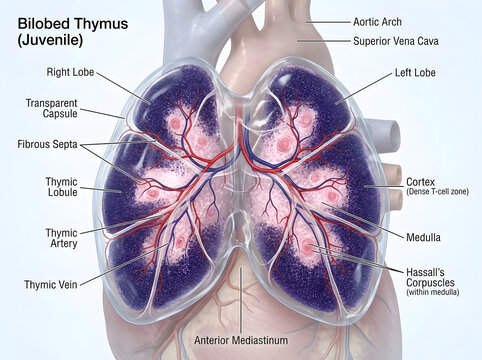 Medical illustration of a juvenile bilobed thymus gland with labeled anatomical structures