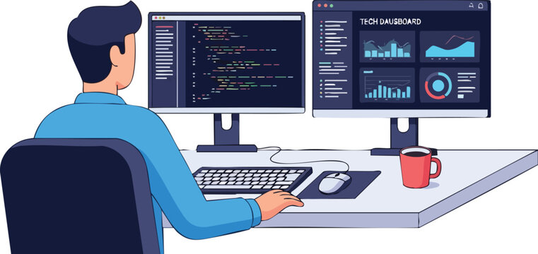 Software Engineer Working at Desk With Dual Monitors Featuring Clean Code Lines and Vibrant Professional Tech Dashboard UI