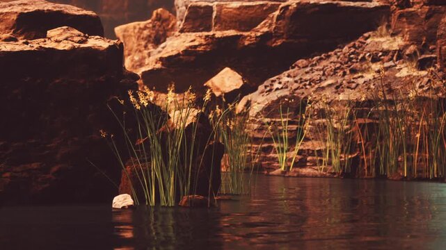 Water reflects light as it flows around large rocks and green plants by a lake. The setting sun casts warm colors on the surrounding scenery.