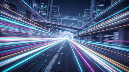 Fototapeta premium Abstract neon light trails speeding through futuristic city highway
