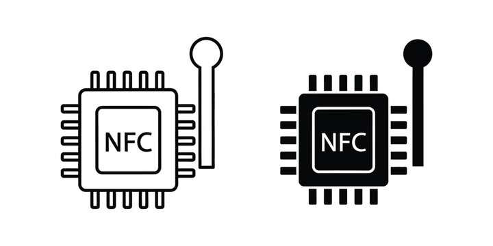 NFC chip icon with antenna in line and solid style for wireless communication technology concept