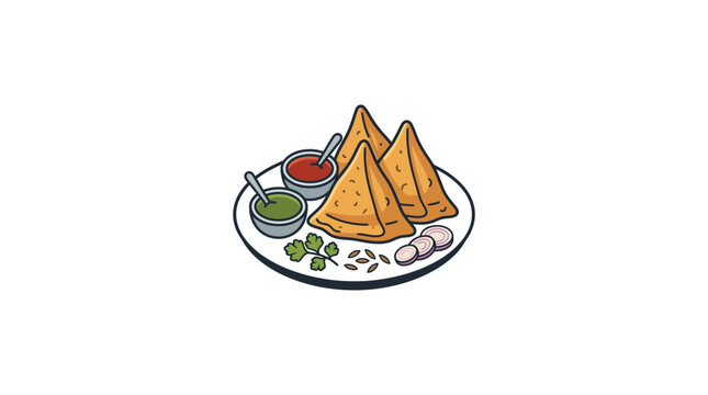 Hand Drawn Illustration of Indian Samosas with Chutney