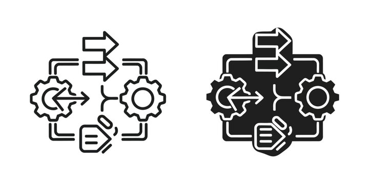 Process flow diagram with gears and arrows indicating input output and progression on white background