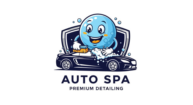Whimsical graphic logo featuring a cheerful bubble character diligently washing a sleek car with rich foam inside a protective shield, perfect for premium auto detailing and vehicle care businesses