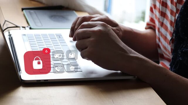 Close up of Asian man hands using a computer for retail purchase, displaying a 3D tracked retail bag icon with floating parcel delivery truck alerts.