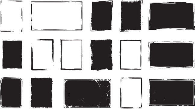 Black Grunge Rectangle Frames and Distressed Border Textures Set vector design on transparent background.
