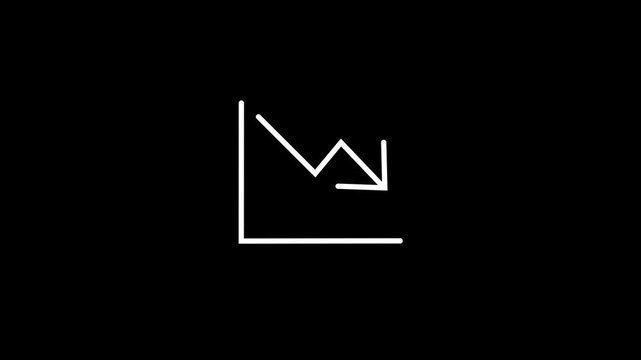 Animated line graph showing a continuous financial decline, economic crash, or business loss on a solid black background. White line chart moving downwards with an arrow,