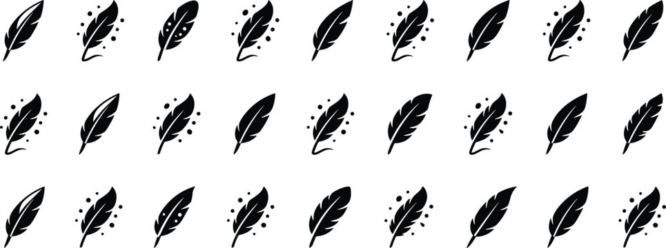 Feather icon set with quill pen and plume elements for writer luxury brand or corporate identity design
