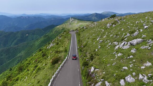 Drone Following a Car Along the Scenic Road of Shikoku Karst, Japan