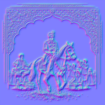Embossed Indian Wedding Baraat Scene with Groom on Horseback and Musicians