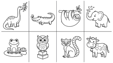 Obraz premium Cute wild and farm animals cartoon outline set collection.