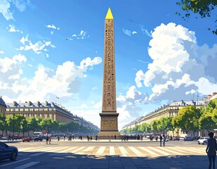 Obraz premium Historic Egyptian Obelisk Standing at Busy Paris Square Under Bright Blue Sky