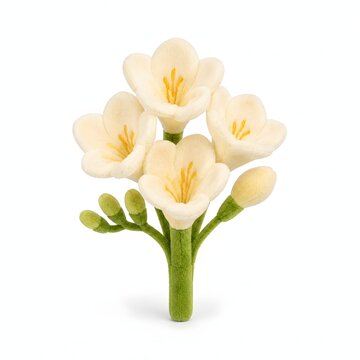 A detailed digital render of beautiful white freesia flowers on green stems as a plush toy asset. This realistic soft floral graphic is ideal for spring season greetings and wedding decor.