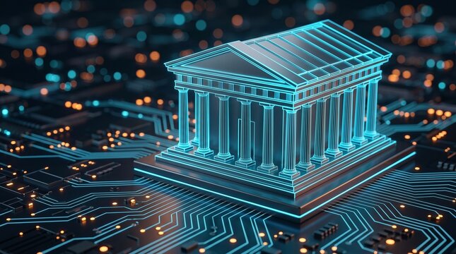 Fintech Digital Goverment Architecture Concept Illustrating Secure Regulator Data Protection, Blockchain Governance, and Future Regulatory Technology Innovation.