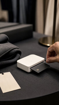 Compact white payment card reader with a black chip card on a dark retail counter, hand nearby, folded fabric and tag in a boutique setting.