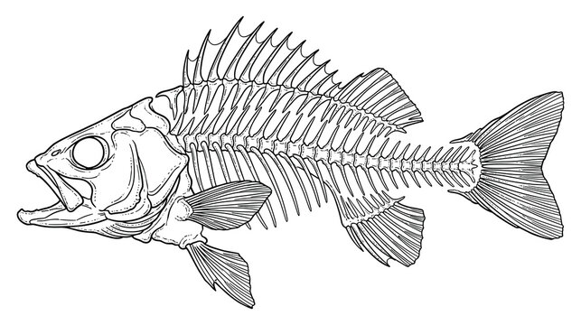 Fish skeleton isolated on white background drawing outline.
