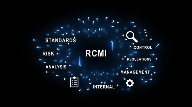 Rcmi risk analysis standards compliance quality control concept black background with notebook pen and internal management regulations for corporate review and 4k videi...