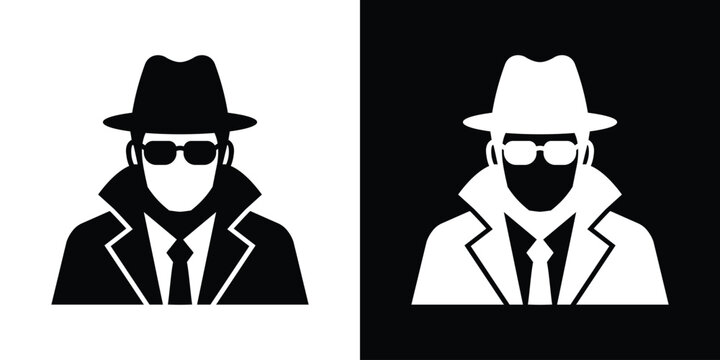 Clean vector graphic icon showing a vintage detective character wearing a classic fedora hat and a traditional trench coat, in black and white options.