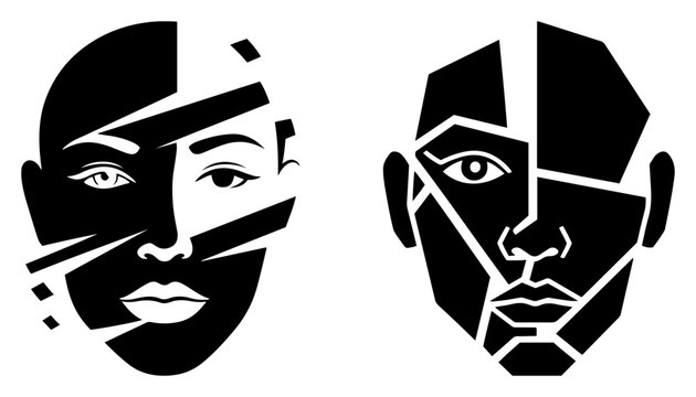 Deconstructed human faces with geometric and sliced elements in abstract minimalist style