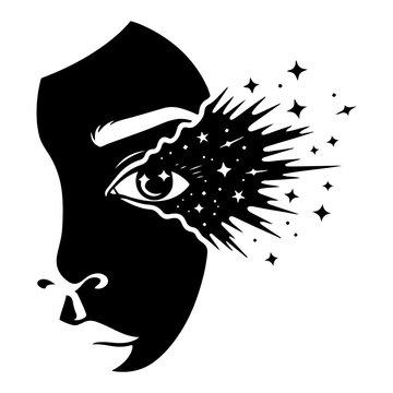 Human face profile with cosmic eye and exploding stars abstract vector illustration