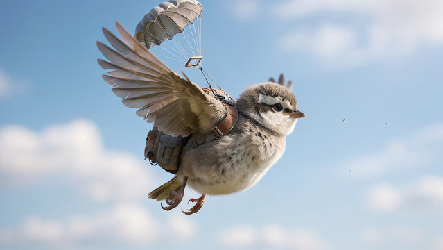 Surreal adventure concept of a small wild bird flying in the sky with a parachute and backpack
