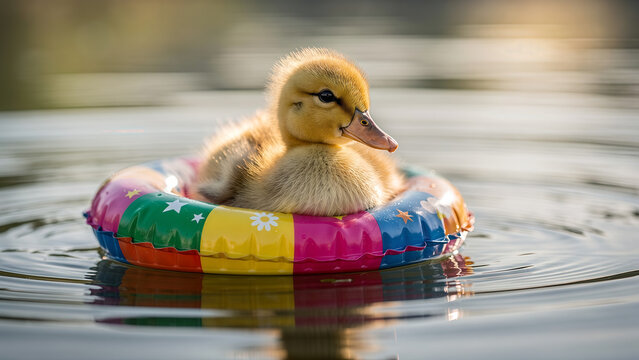 Adorable small duckling floating in a colorful rainbow inflatable ring on a lake at sunset