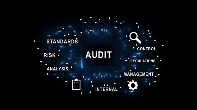 Audit risk analysis standards compliance quality control concept black background with notebook pen and internal management regulations for corporate review and 4k videi...
