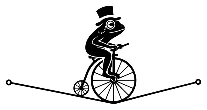 Sophisticated frog with top hat riding penny farthing bicycle on tightrope