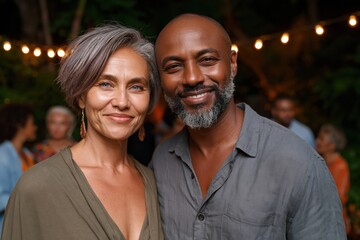 Fototapeta premium Middle aged couple smiling together at outdoor gathering