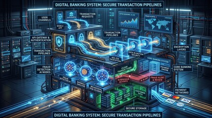 Fototapeta premium Secure Digital Banking System with Advanced Transaction Pipelines Visualization
