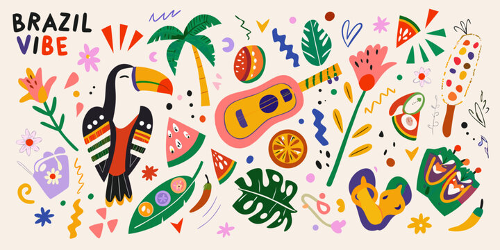 Tropical illustration with toucan fruits and musical instruments