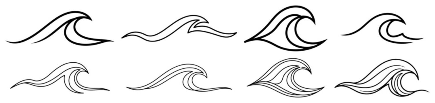 Ocean wave icons set with minimalist water surf outlines simple vector silhouettes