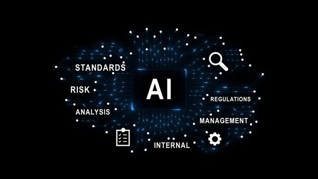 AI risk analysis standards compliance quality control concept black background with notebook pen and internal management regulations for corporate review and 4k videi...