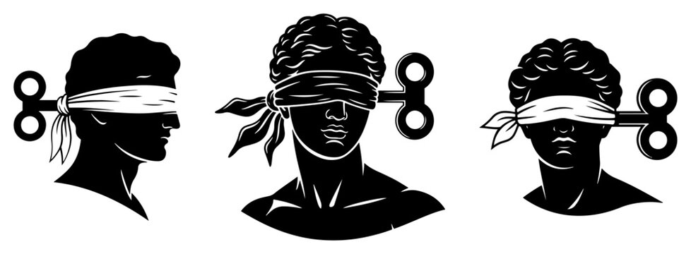 Classical bust statues with blindfolds and wind-up keys in minimalist graphic style