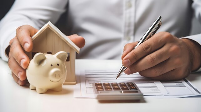 Businessperson signing home loan contract with house model on desk. Concept of mortgage approval, property purchase, and financial agreement.