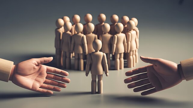 Sad wooden figure excluded from group. Concept of bullying, discrimination, isolation, loneliness, and mental health in society, workplace or school.