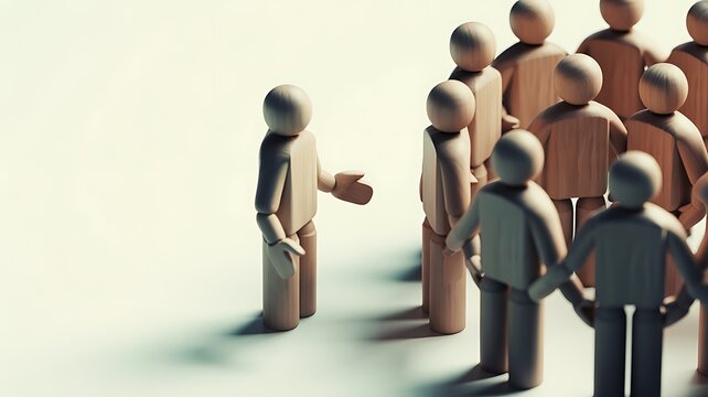 Sad wooden figure excluded from group. Concept of bullying, discrimination, isolation, loneliness, and mental health in society, workplace or school.