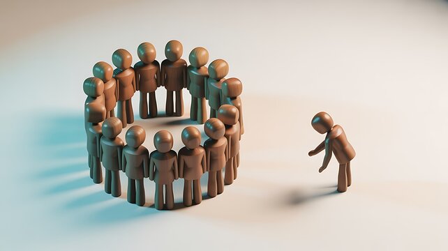 Sad wooden figure excluded from group. Concept of bullying, discrimination, isolation, loneliness, and mental health in society, workplace or school.